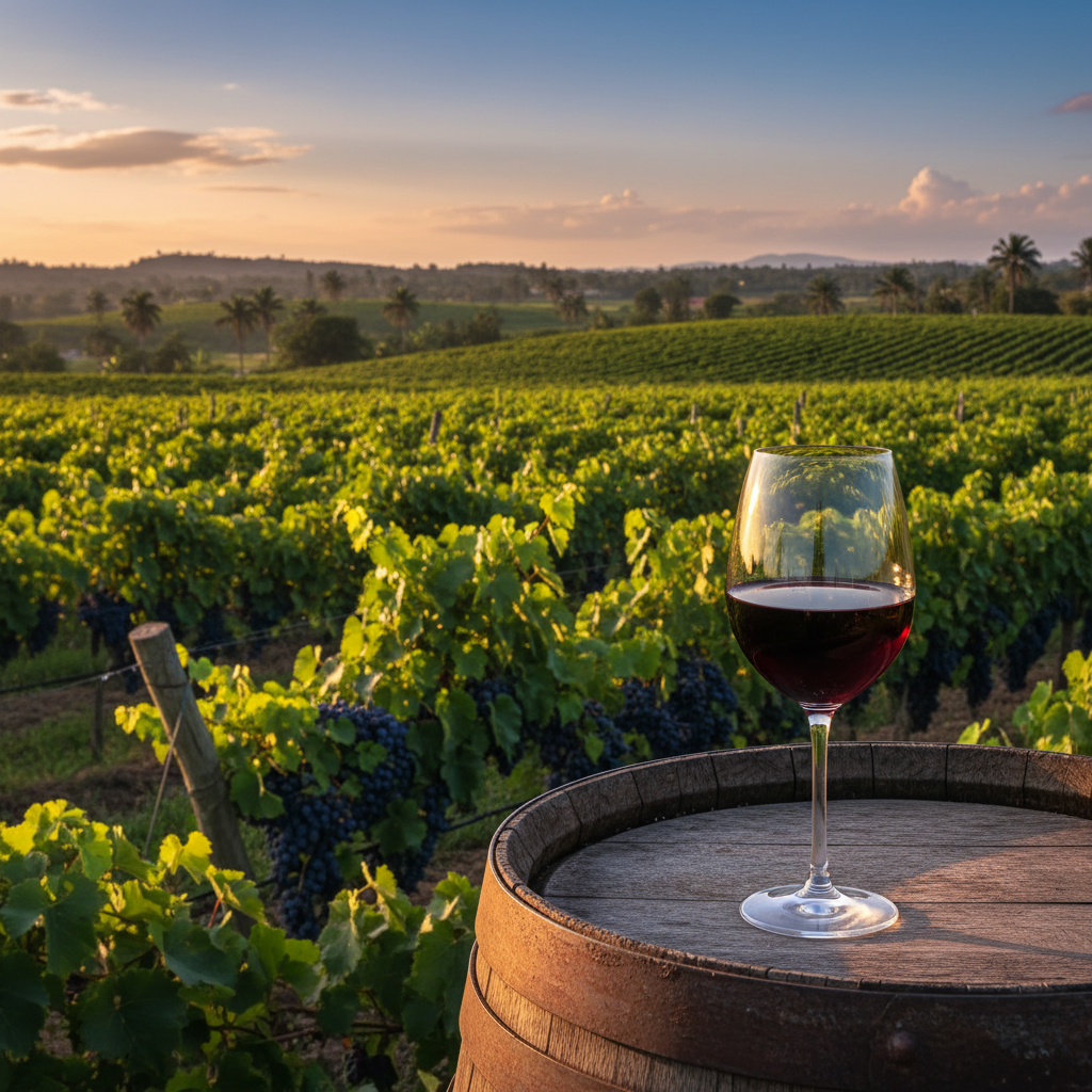 Vinhedo exuberante na Tanzânia ao pôr do sol, com um copo de vinho tinto sobre um barril de madeira, simbolizando a rica história e o potencial vitivinícola da região.