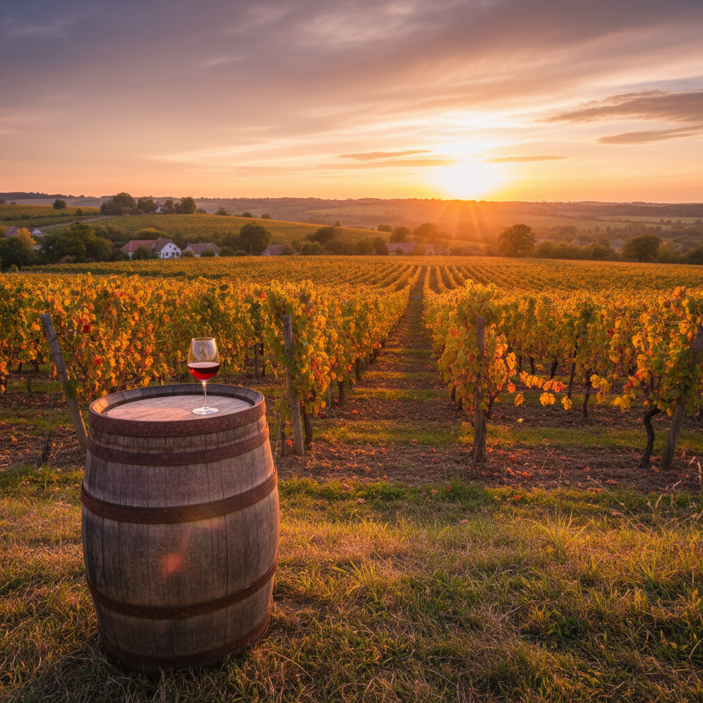 Vinhedo ucraniano ao pôr do sol com barril de madeira e taça de vinho, simbolizando a rica história da vinicultura na Ucrânia.