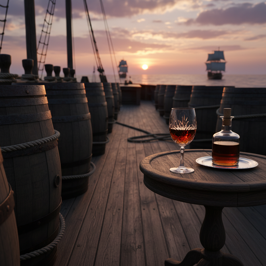 Um copo de vinho fortificado âmbar sobre o convés de um navio de madeira antigo, com barris de carvalho e o horizonte ao pôr do sol, remetendo à sua origem marítima.