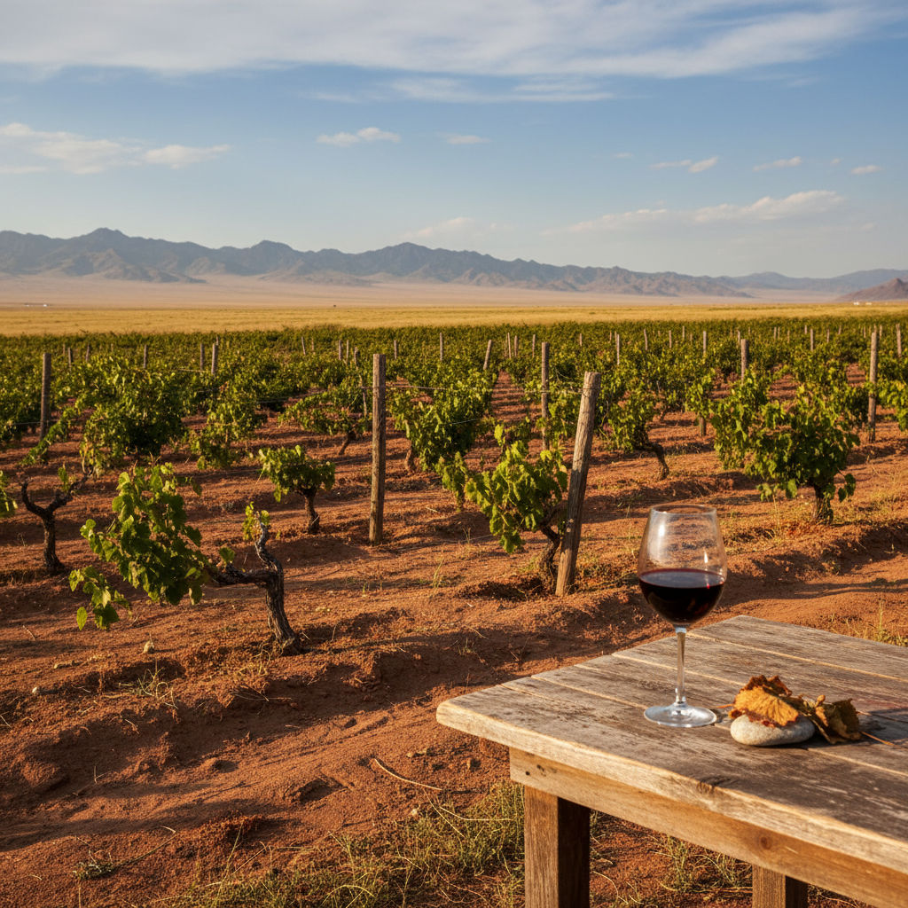 Vinhedo resistente nas estepes mongóis com taça de vinho tinto em primeiro plano, simbolizando a vinicultura na Mongólia.