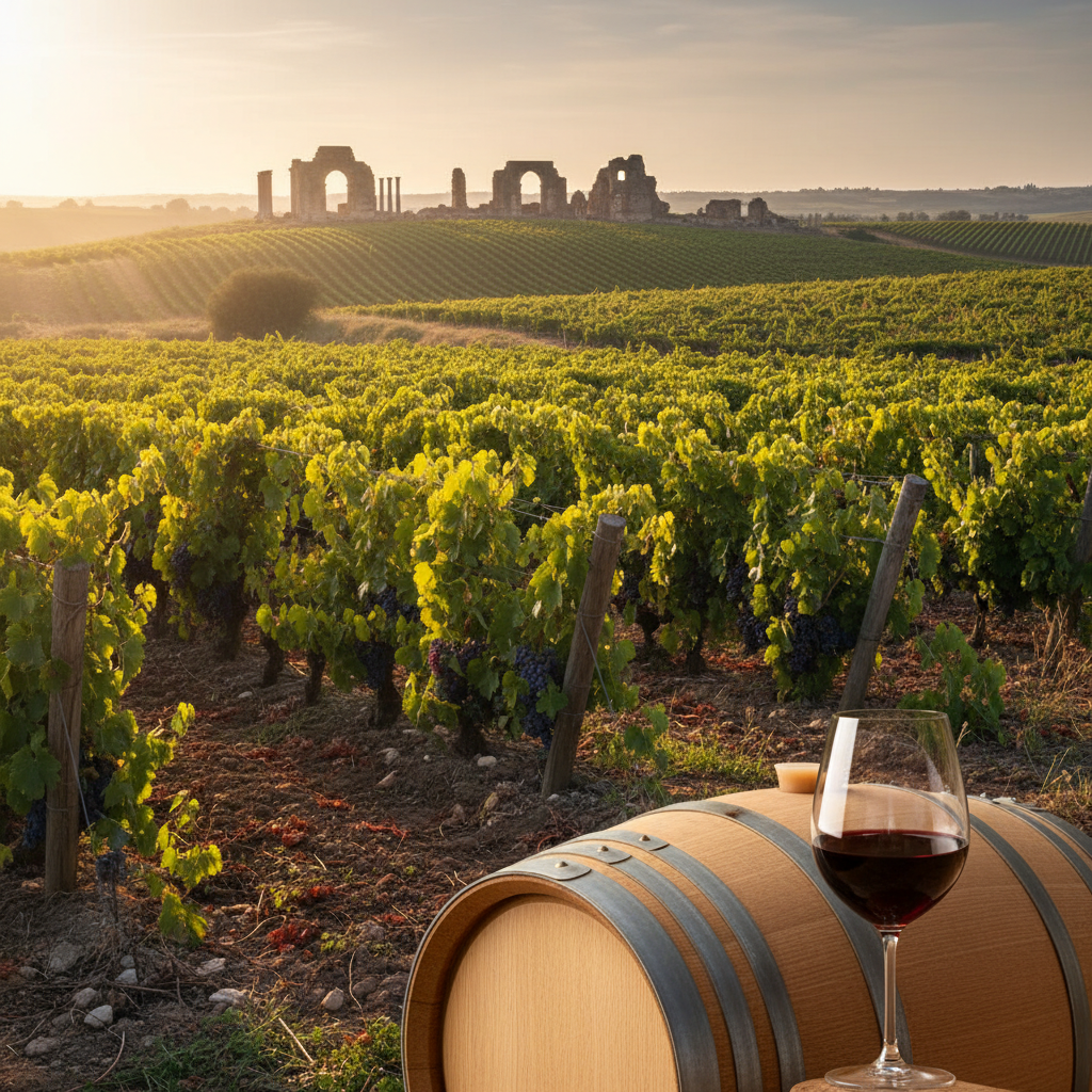 Vinhedo tunisiano ao pôr do sol, com ruínas romanas ao fundo e um barril de vinho em primeiro plano, simbolizando a evolução da viticultura na Tunísia.