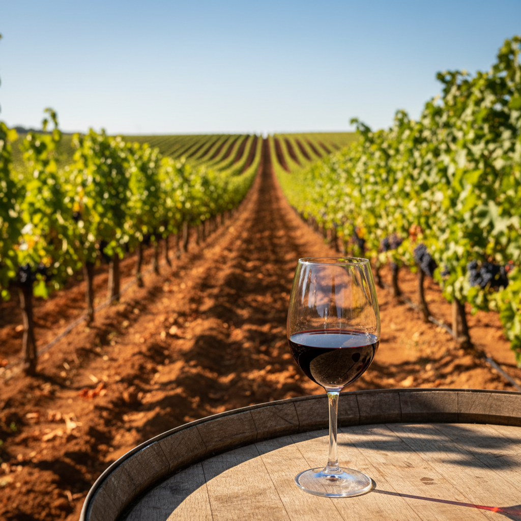 Vinhedo em Honduras com taça de vinho tinto sobre barril de madeira, simbolizando a primeira safra e o pioneirismo vinícola na América Central.