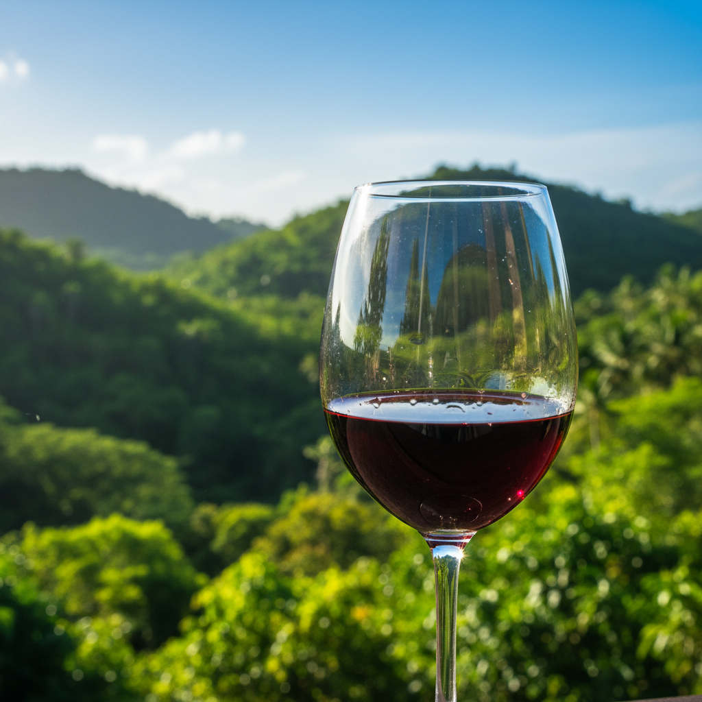 Taça de vinho tinto em primeiro plano, com um exuberante cenário tropical hondurenho ao fundo sob a luz do sol.