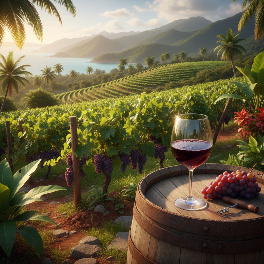 Vinhedo tropical em Honduras com um copo de vinho tinto sobre um barril de madeira, refletindo a emergente viticultura entre as influências do Caribe e do Pacífico.