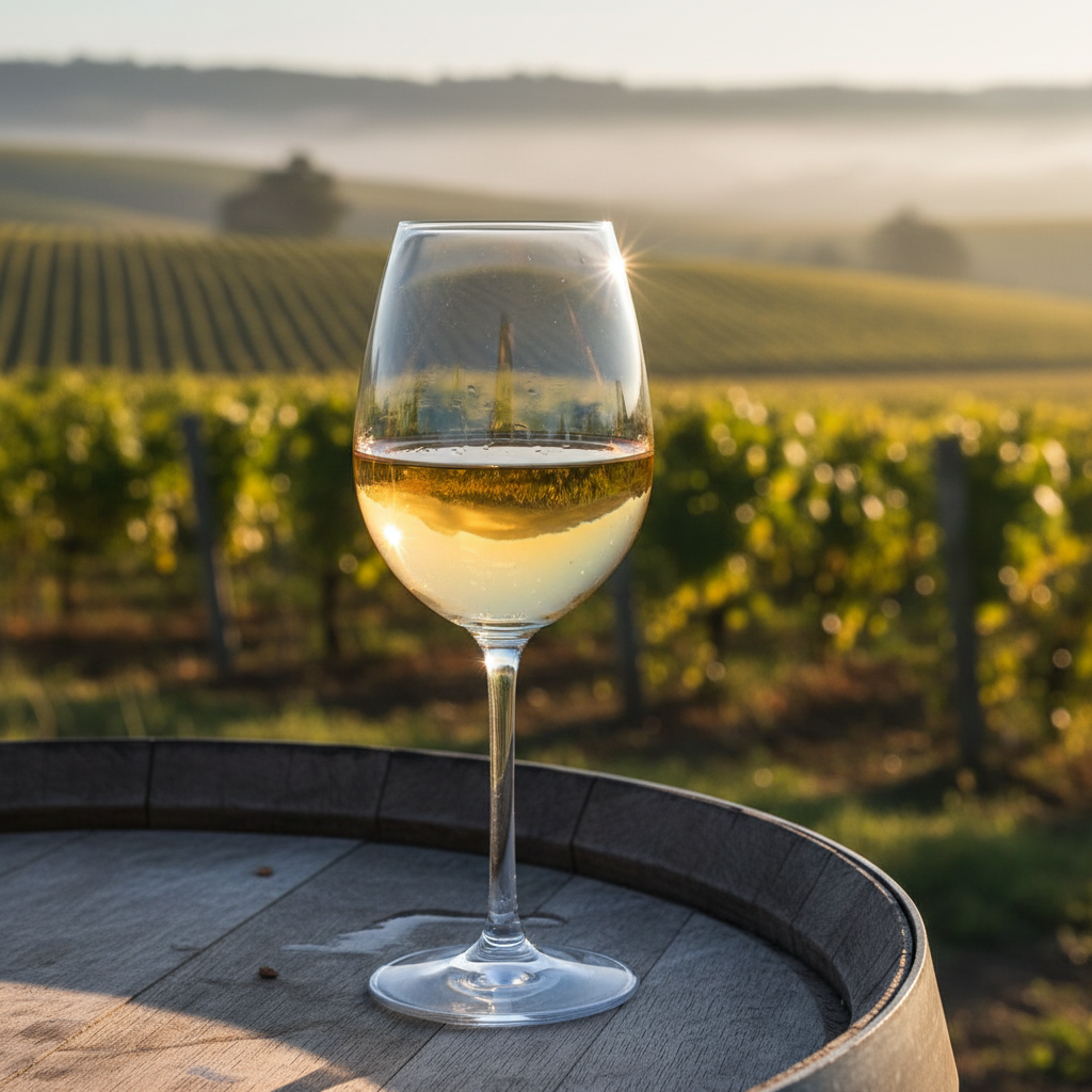 Taça de vinho Semillon dourado em primeiro plano, com um vinhedo ensolarado do Hunter Valley ao fundo.