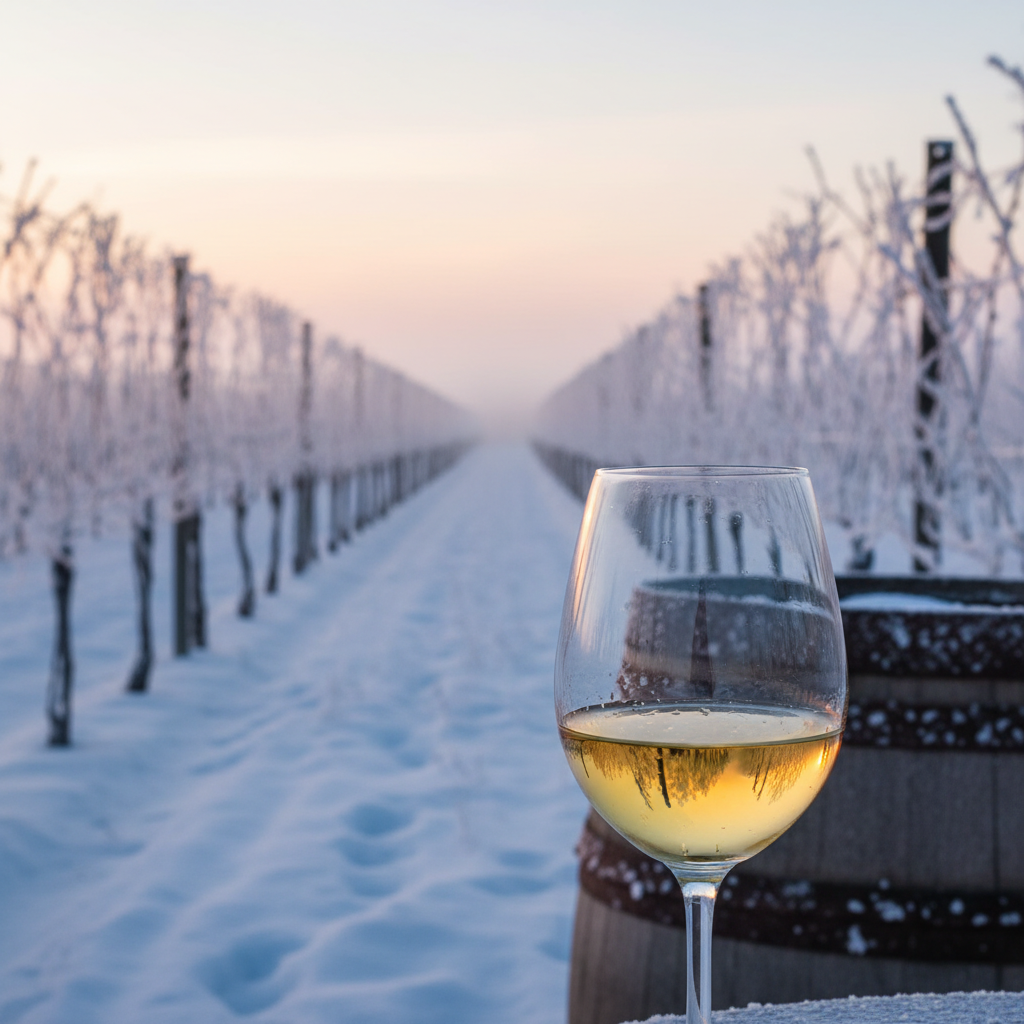 Taça de vinho Ice Wine dourado em um vinhedo congelado durante o inverno, com um barril de carvalho ao fundo.