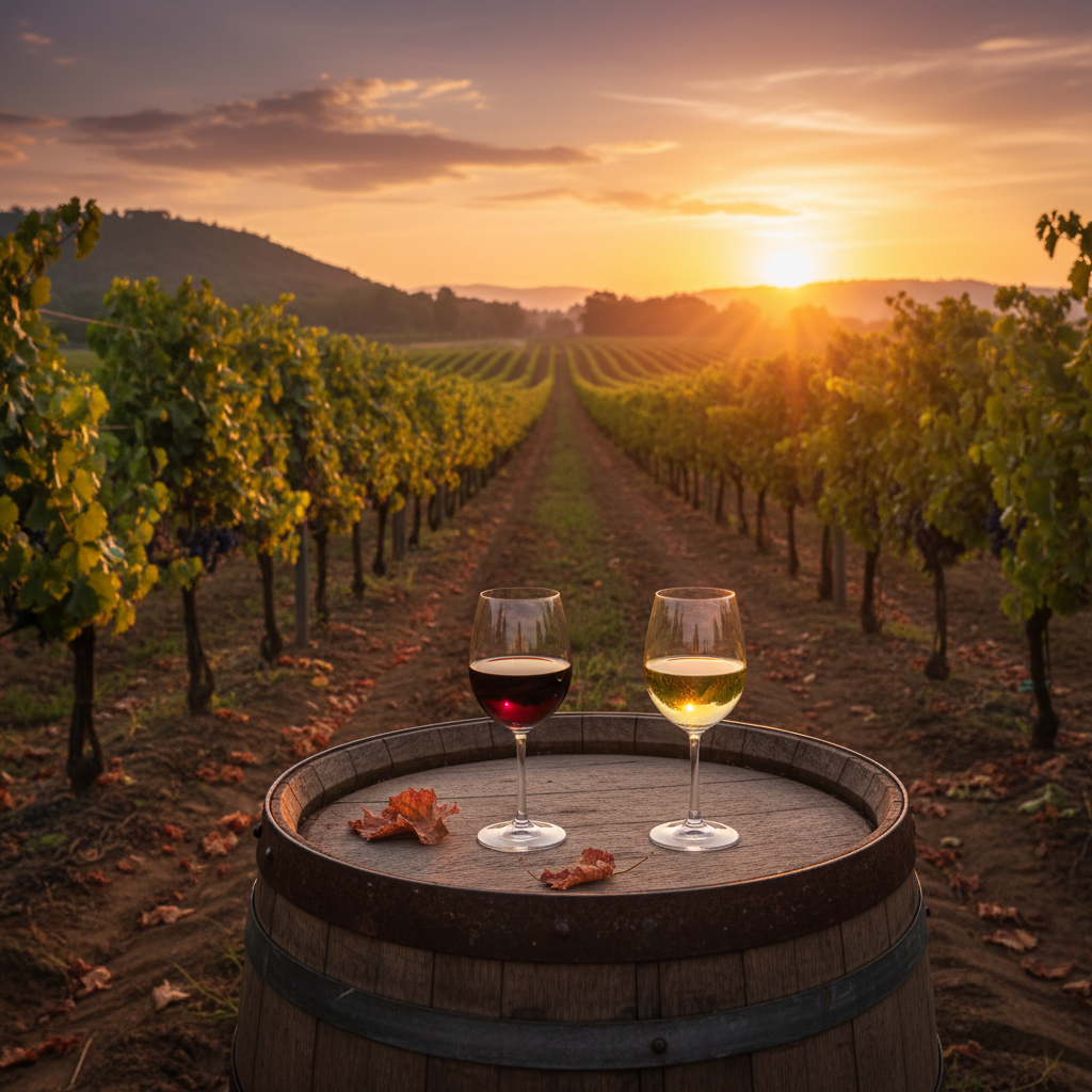 Vinhedo indiano ao pôr do sol com barril de madeira e taças de vinho, simbolizando a experiência de degustação e a beleza das vinícolas da Índia.