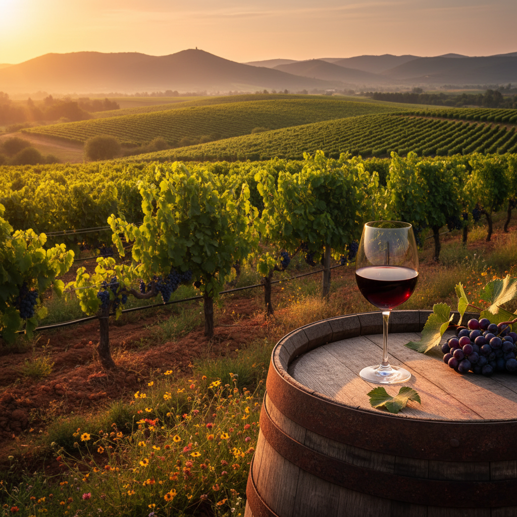 Vinhedo indiano vibrante sob o sol da tarde, com um copo de vinho tinto sobre um barril de madeira em primeiro plano, simbolizando a crescente produção vinícola do país.
