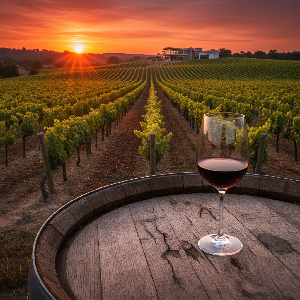 Vinhedo indiano vibrante ao pôr do sol, com uma taça de vinho tinto elegante sobre um barril de carvalho antigo em primeiro plano, e uma vinícola moderna entre as colinas ao fundo.