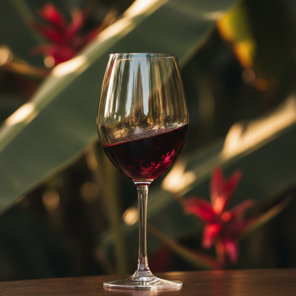 Taça de vinho tinto em um ambiente exótico, com paisagem tropical do Sri Lanka ao fundo, simbolizando o potencial de investimento.