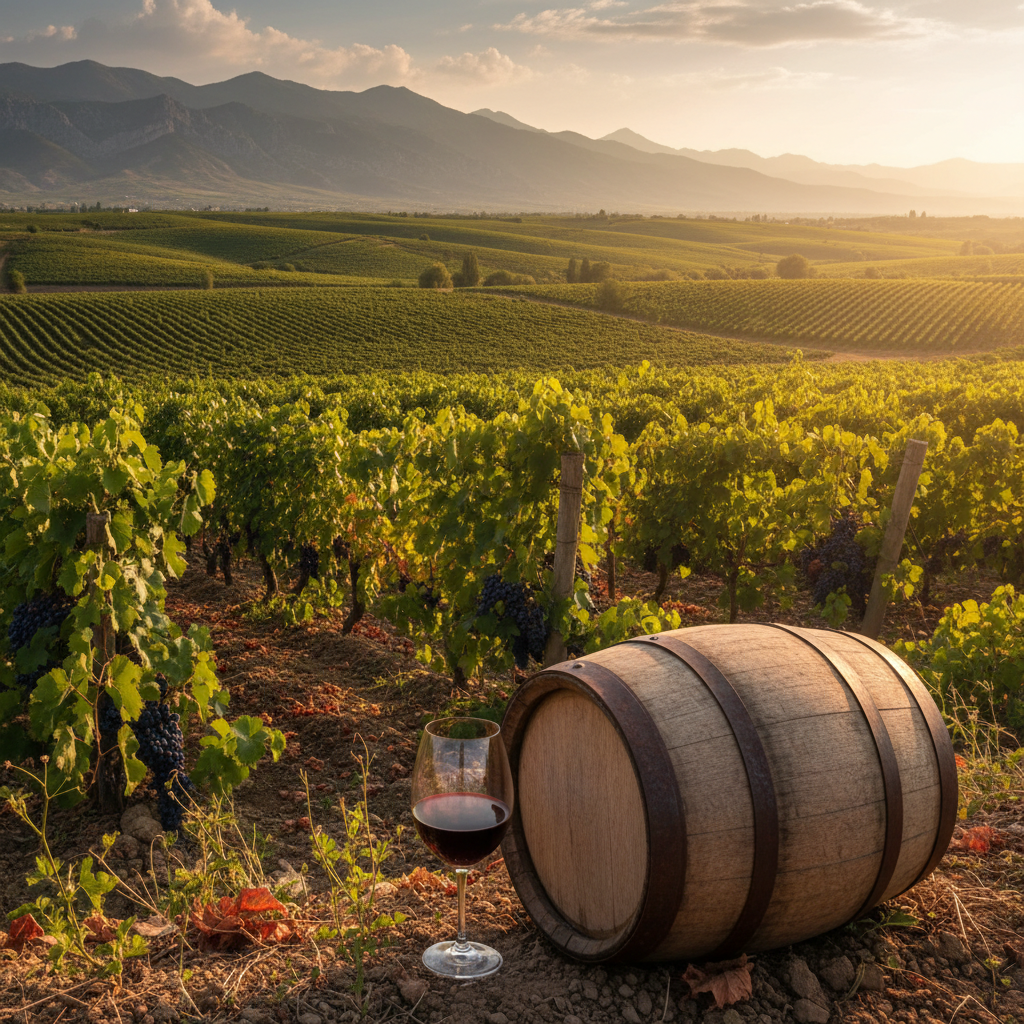 Vinhedo exuberante no Azerbaijão, iluminado pelo sol dourado, com um barril de carvalho e uma taça de vinho tinto em primeiro plano, simbolizando o potencial de investimento.