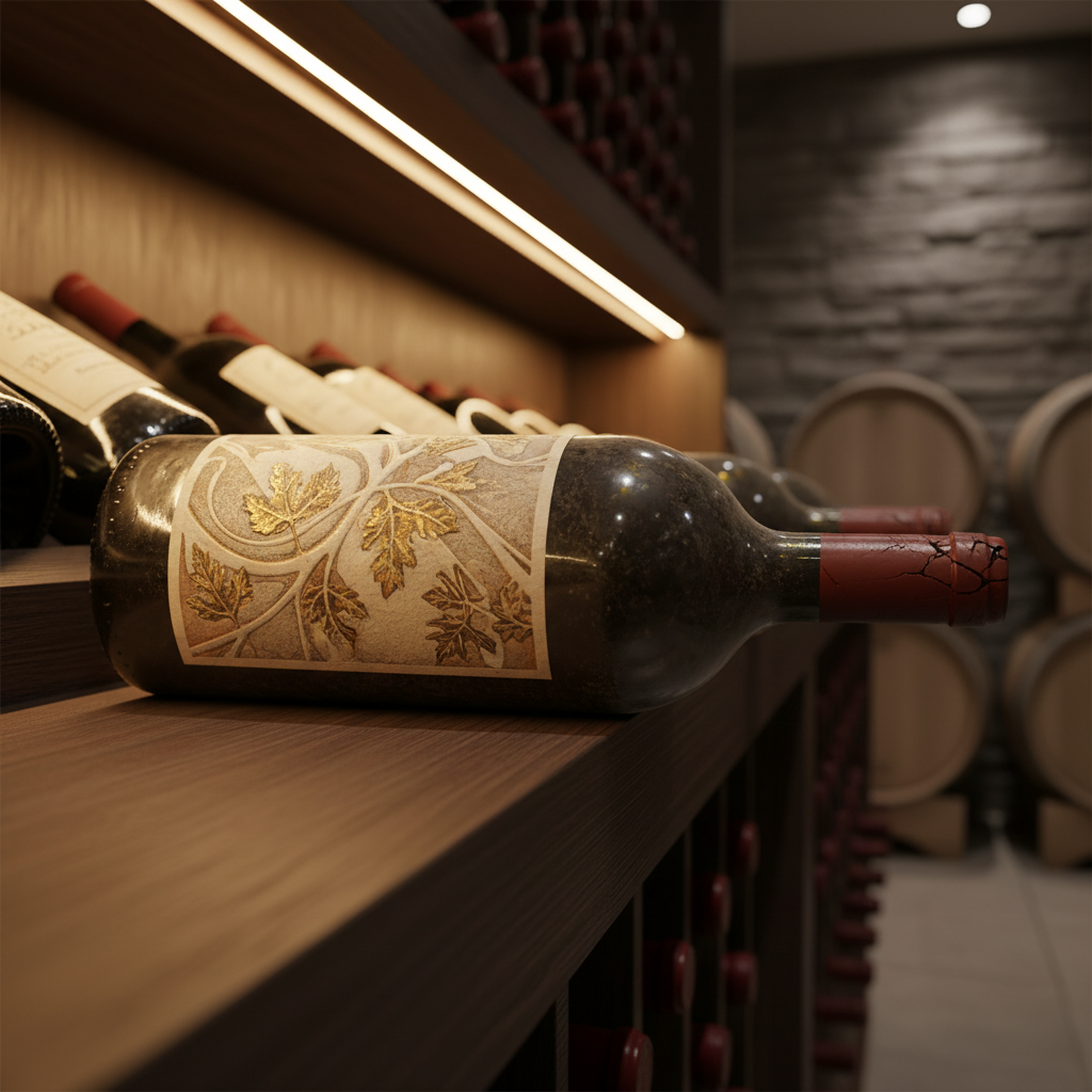 Garrafa de vinho canadense raro e envelhecido em adega sofisticada, simbolizando investimento e colecionismo.