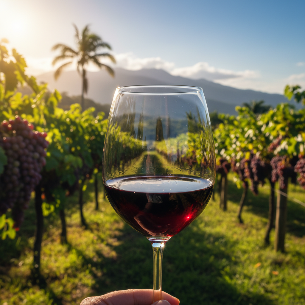 Vinhedo verdejante em Honduras sob o sol tropical, com uma taça de vinho tinto em primeiro plano, simbolizando o potencial de investimento no mercado vinícola hondurenho.