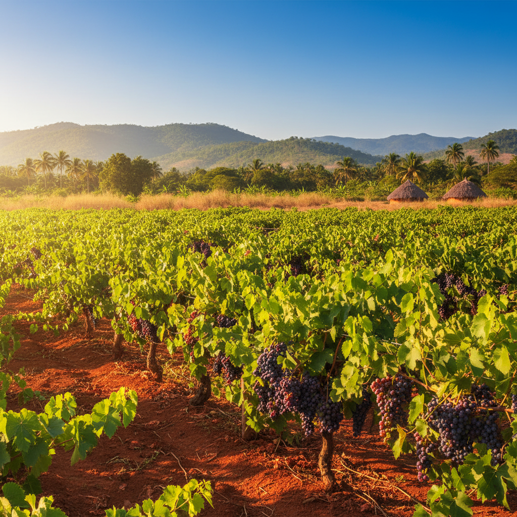 Vinhedo exuberante em Moçambique sob um céu azul, com videiras verdes carregadas de uvas e um solo avermelhado característico da região.