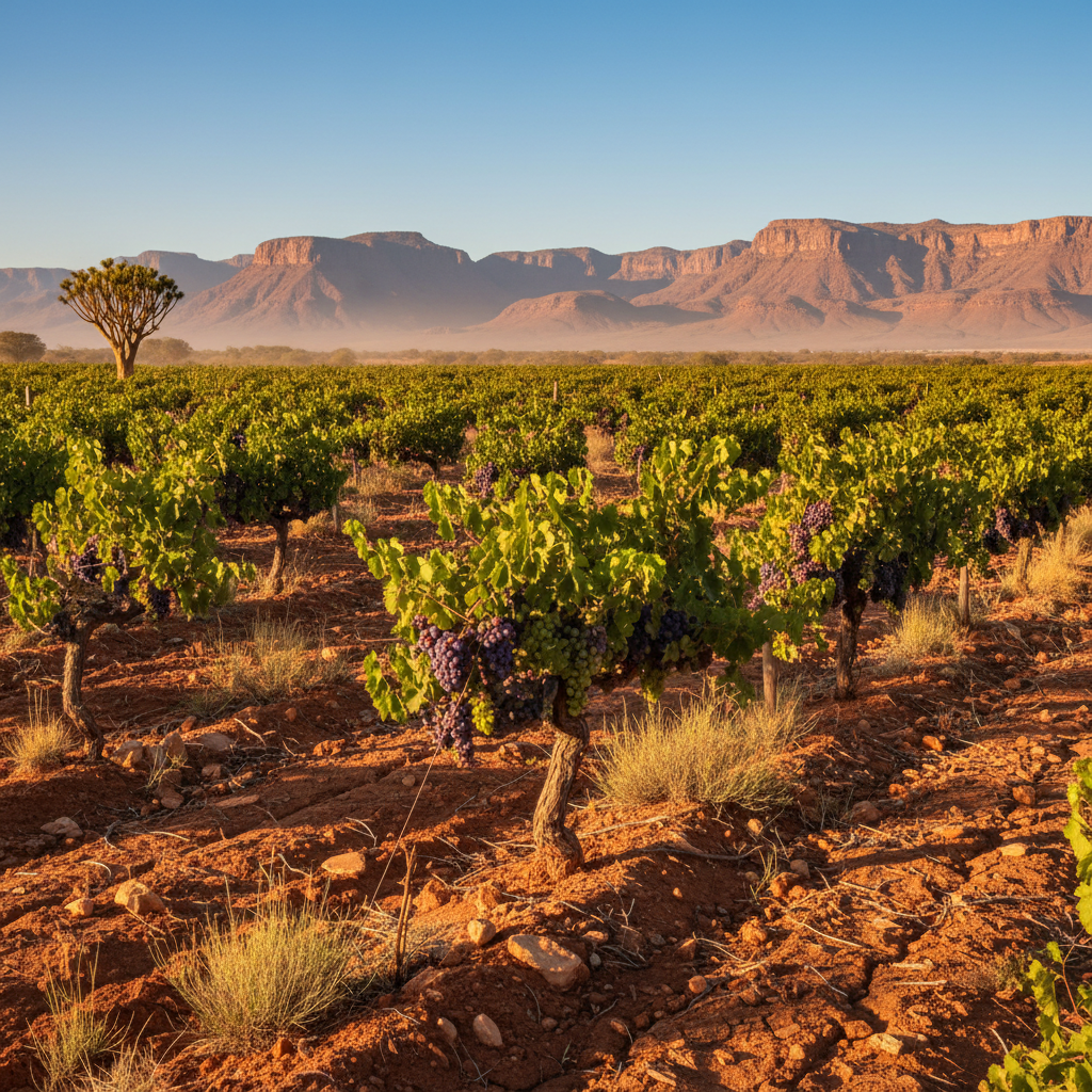 Vinhedo na Namíbia, com parreiras resistentes em solo árido e montanhas ao fundo, simbolizando o potencial de investimento em um mercado niche.