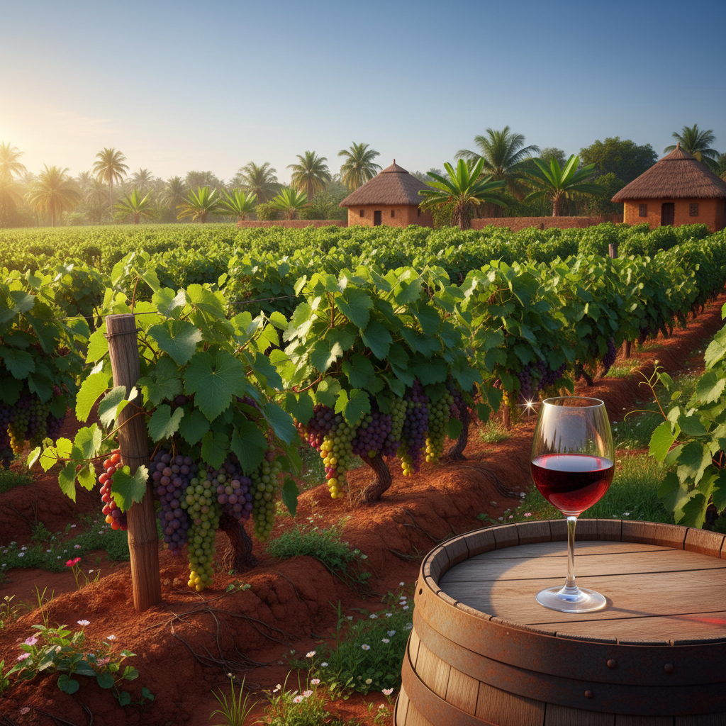 Vinhedo exuberante e ensolarado na Nigéria, com um copo de vinho sobre um barril de madeira, simbolizando o potencial de investimento na crescente indústria vinícola local.
