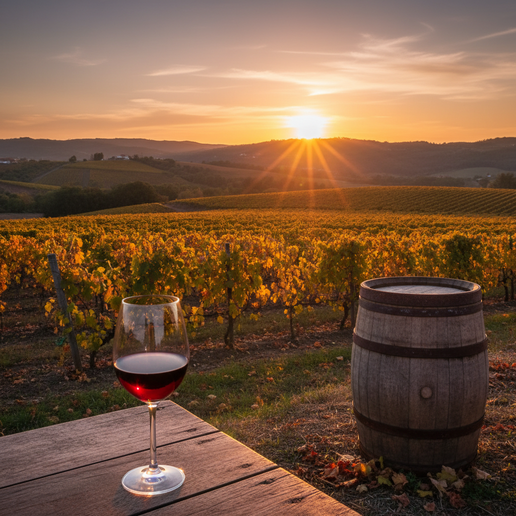 Um copo de vinho tinto elegante e um barril de madeira em um vinhedo português ao pôr do sol, simbolizando a qualidade e o potencial de investimento dos vinhos.