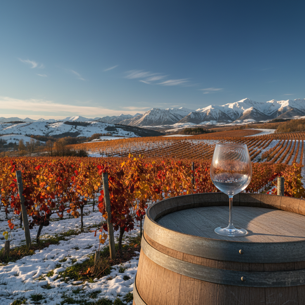 Vinhedo moderno na Suécia com um copo de vinho em um barril, simbolizando o investimento e as oportunidades no mercado de vinhos suecos.