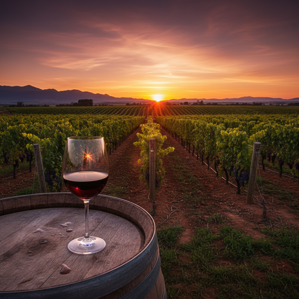 Vinhedo sul-africano ao pôr do sol com taça de vinho tinto sobre barril de madeira, simbolizando o investimento e a qualidade dos vinhos da região.