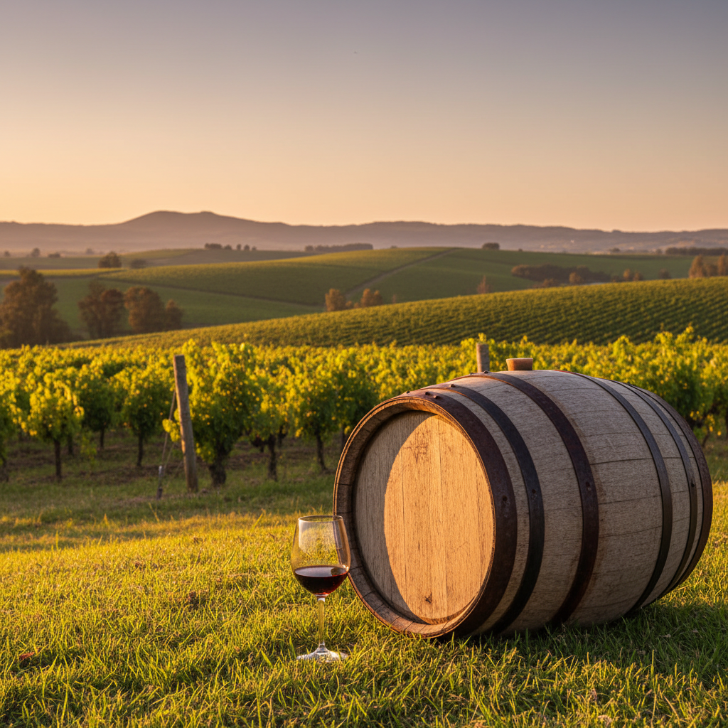Vinhedos uruguaios ao pôr do sol com um barril de carvalho e uma taça de vinho, simbolizando o potencial de investimento e a beleza da região.