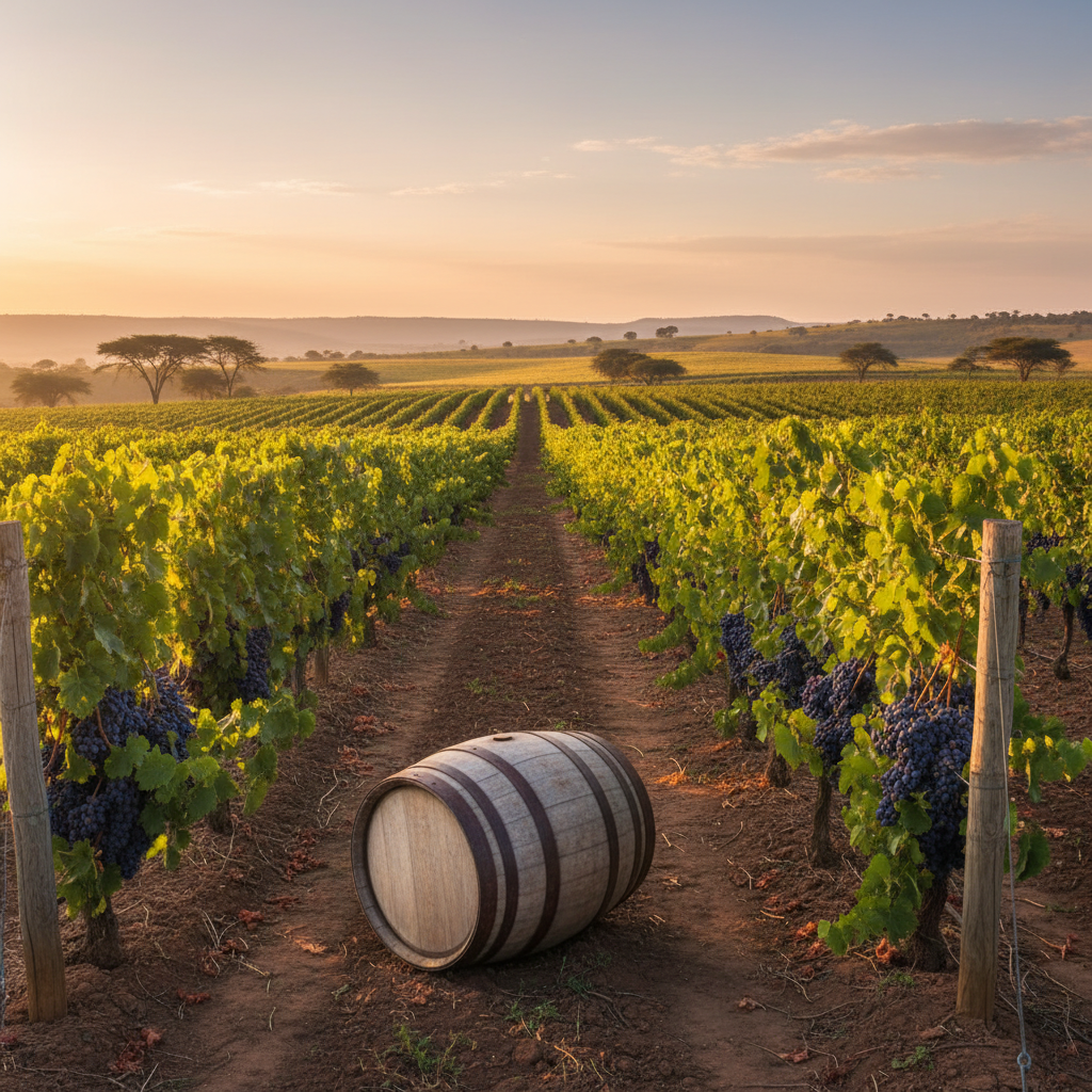 Vinhedo exuberante na Zâmbia ao pôr do sol, com videiras carregadas e um barril de vinho de madeira, simbolizando o potencial de investimento e a beleza natural da região.