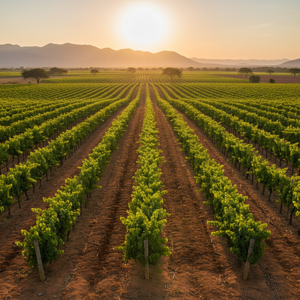 Um vasto vinhedo no Zimbábue, com videiras verdes sob um céu africano ensolarado, simbolizando o potencial de investimento.