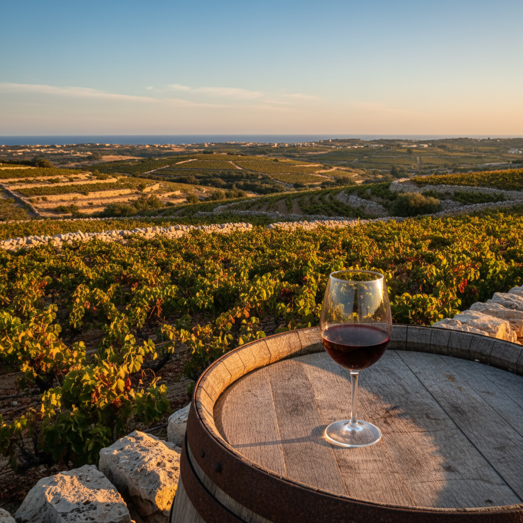 Vinhedo maltês ao pôr do sol com um copo de vinho tinto sobre um barril de carvalho, simbolizando o potencial de investimento nos vinhos de Malta.