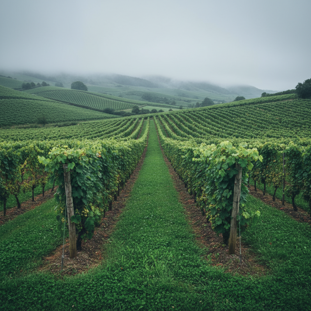 Vinhedo exuberante em colinas verdes da Irlanda, simbolizando o futuro do vinho de clima frio e sustentável.