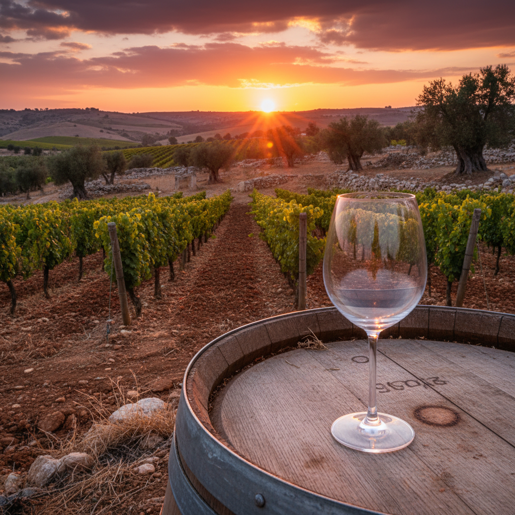 Vinhedo israelense ao pôr do sol com um copo de vinho em um barril de madeira, destacando a beleza e a tradição da produção vinícola de Israel.
