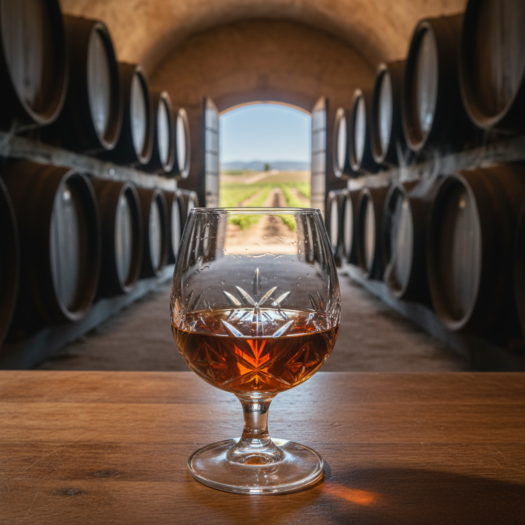 Taça elegante de vinho Jerez de cor âmbar em uma adega tradicional com barris de carvalho e vinhedos ao fundo.