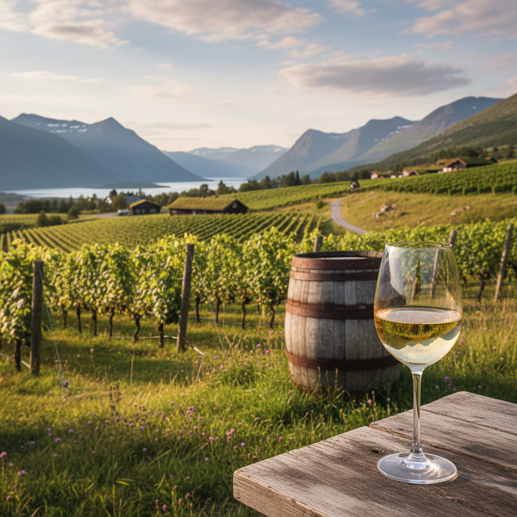 Vinhedo nórdico ao entardecer com taça de vinho e barril de carvalho, simbolizando as joias escondidas da viticultura sueca.