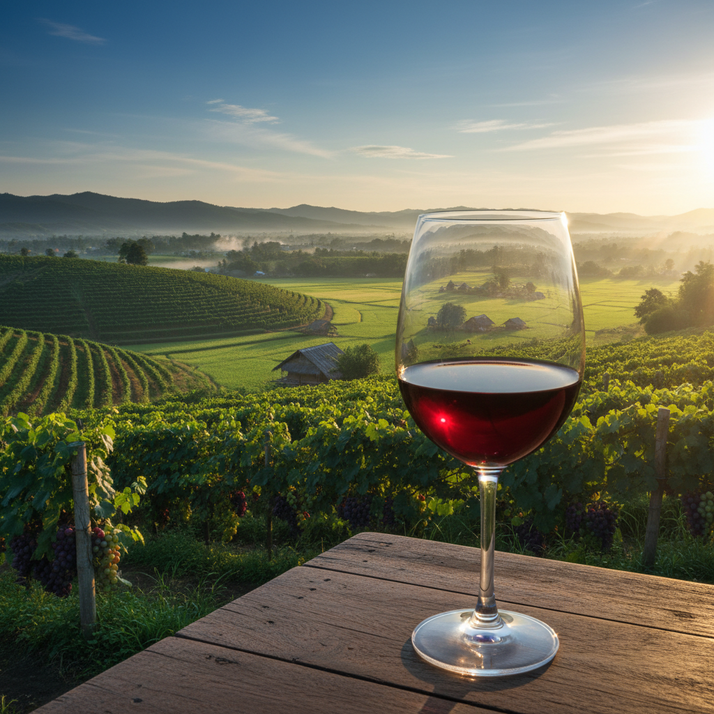 Vinhedos de uva em terraços no Vietnã, com campos de arroz ao fundo e uma taça de vinho tinto em primeiro plano, simbolizando a fusão das tradições.