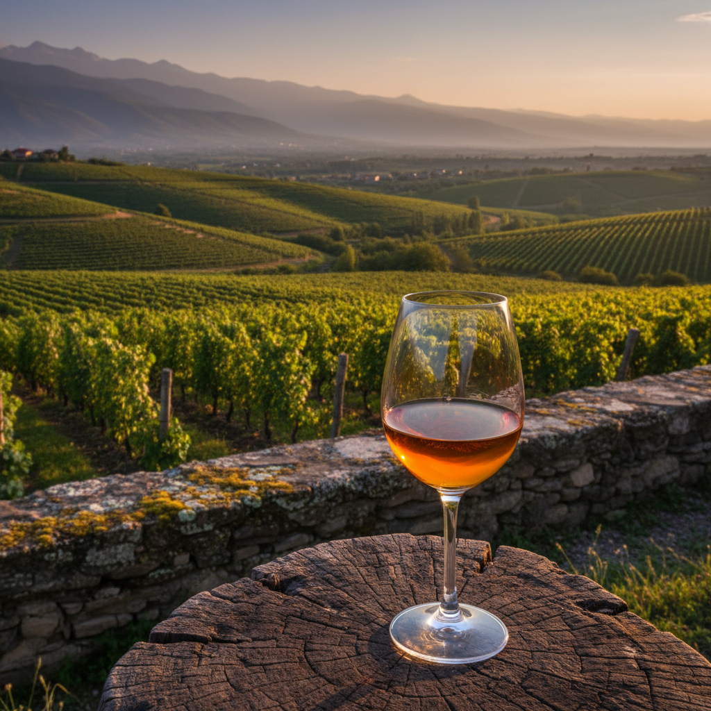 Vista panorâmica de um vinhedo exuberante em Kakheti, Geórgia, sob a luz dourada do entardecer, com uma taça de vinho georgiano âmbar em primeiro plano, simbolizando a rica tradição vinícola da região.