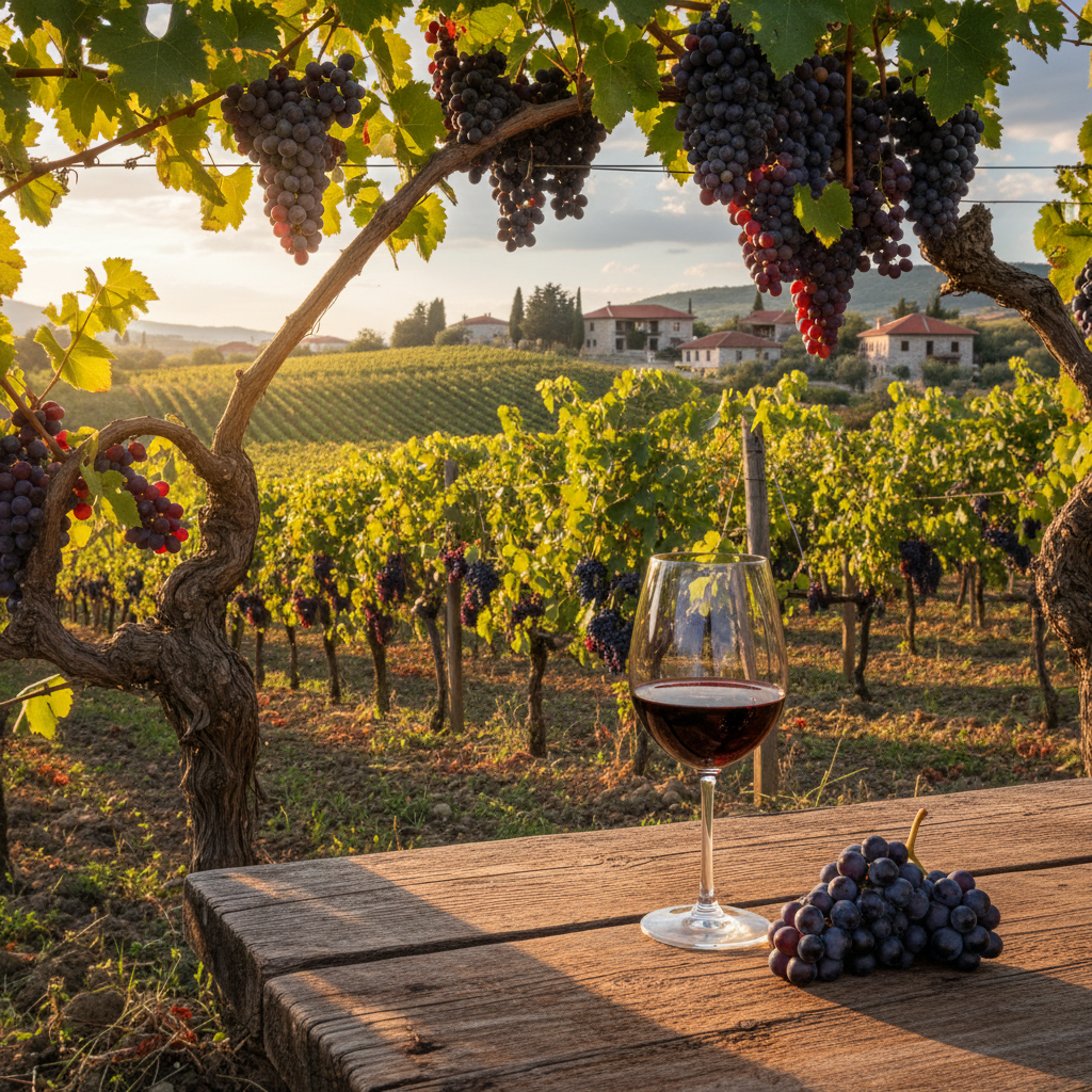 Vinhedo albanês ensolarado com vinhas de uvas tintas maduras. Em primeiro plano, uma taça elegante de vinho tinto e um cacho de uvas escuras sobre uma mesa de madeira rústica, com montanhas e arquitetura tradicional ao fundo.