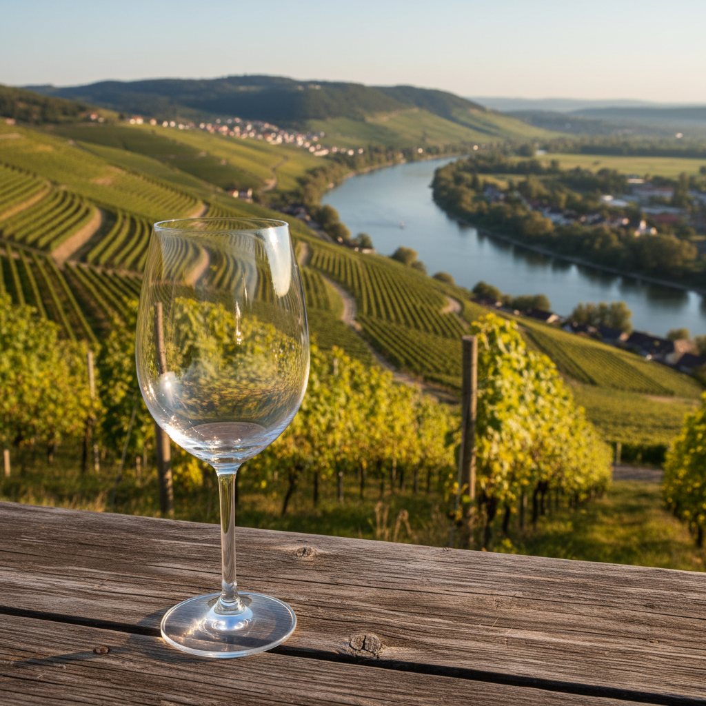 Vinhedos ensolarados em socalcos nas regiões de Kamptal e Kremstal, Áustria, com o rio Danúbio ao fundo e uma taça de vinho branco em primeiro plano, simbolizando a elegância e o terroir austríaco.