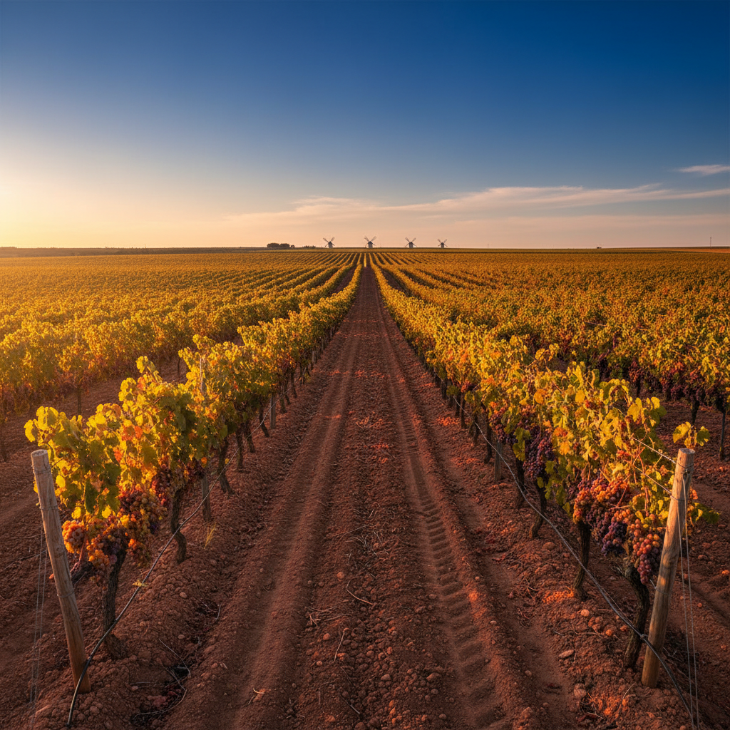 Vastos vinhedos de La Mancha sob o sol, mostrando a imensidão e o potencial da região vinícola espanhola.