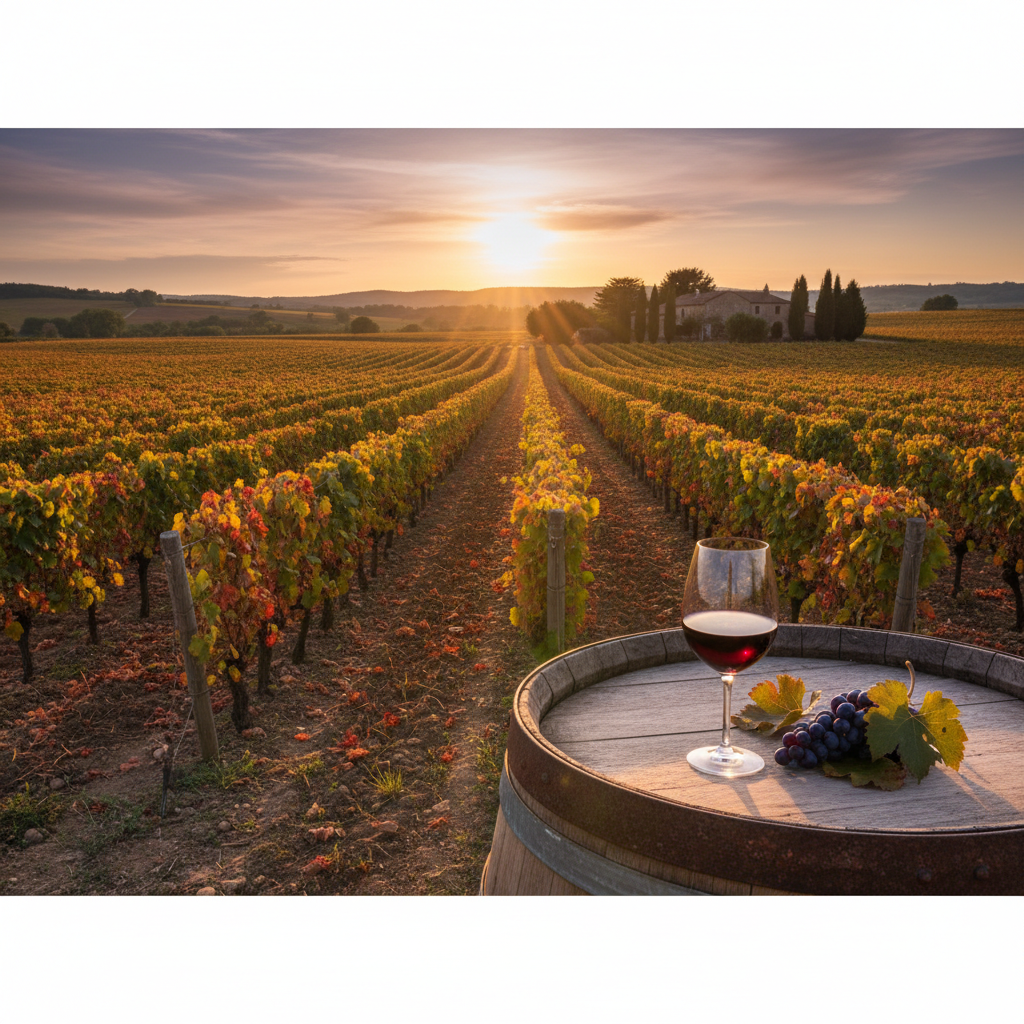 Vinhedo ensolarado na região de Languedoc-Roussillon, França, com taça de vinho tinto e barril de carvalho em primeiro plano, simbolizando a qualidade e tradição vinícola.