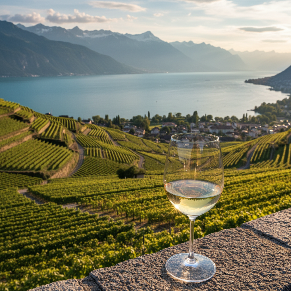 Vinhedos em socalcos de Lavaux, Suíça, com o Lago Genebra ao fundo, sob a luz dourada do pôr do sol, com uma taça de vinho branco em primeiro plano sobre um muro de pedra.