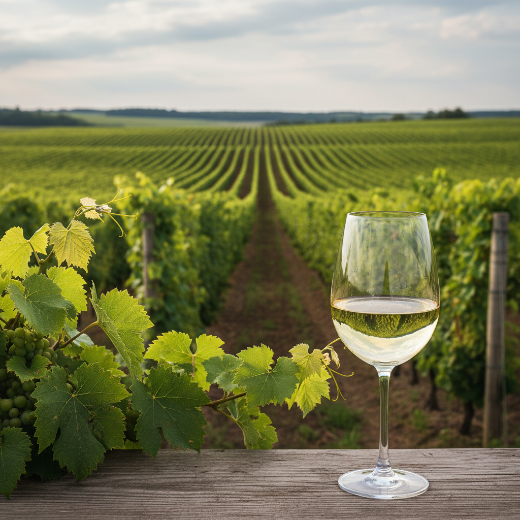 Taça de vinho branco em primeiro plano com um vinhedo verdejante da Letônia ao fundo, sob um céu de fim de verão, simbolizando a emergência da viticultura báltica.