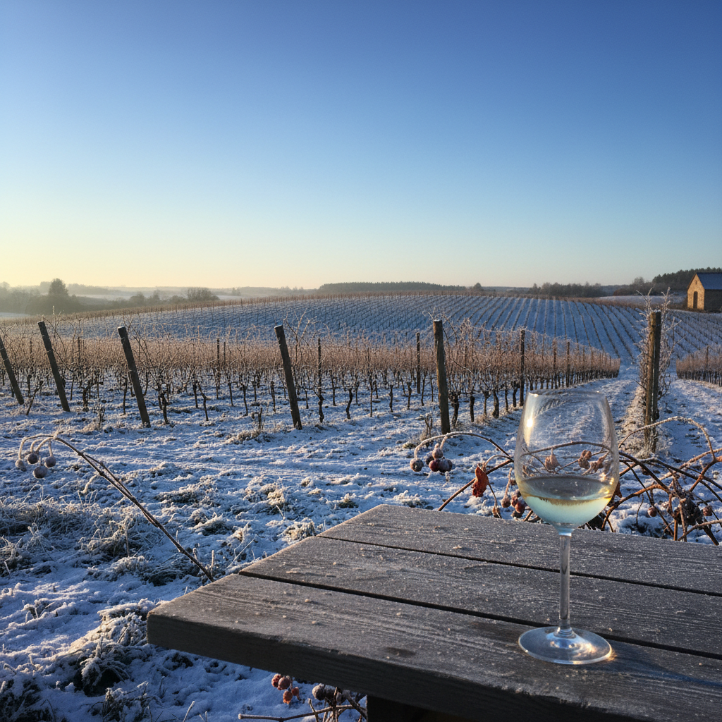Vinhedo letão no outono com neve leve e taça de vinho em mesa rústica, refletindo o clima frio da produção de vinho báltico.