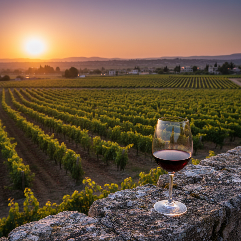 Taça de vinho tinto em primeiro plano com vista para um vinhedo libanês no Vale do Bekaa ao pôr do sol.