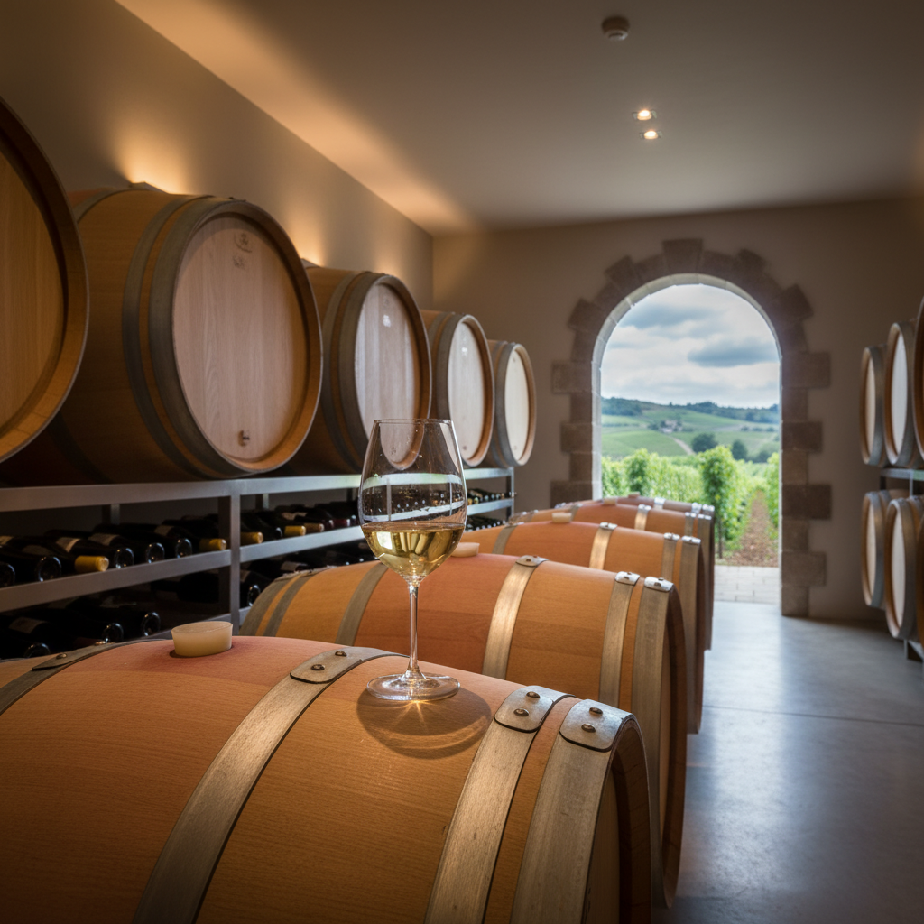 Taça de vinho em barril de carvalho em adega moderna com vinhedo ao fundo, representando a viticultura lituana emergente.