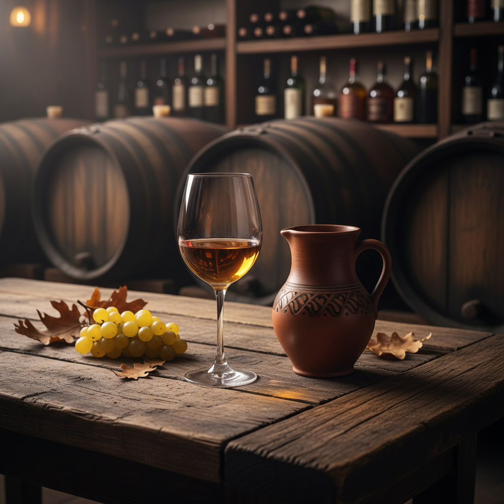 Uma taça de vinho de cor âmbar sobre uma mesa de madeira rústica em uma adega lituana, com barris ao fundo.