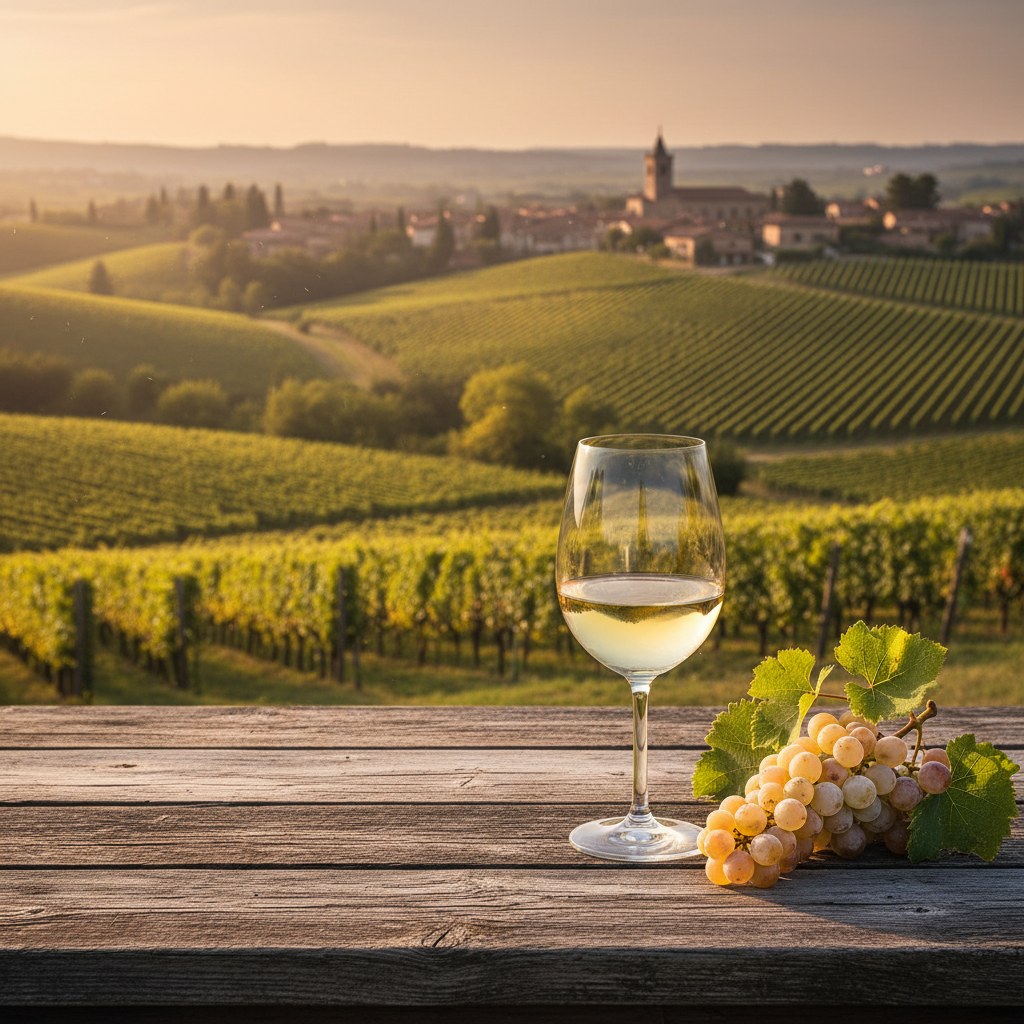 Cena de vinhedo europeu elegante ao pôr do sol, com taça de vinho branco e uvas, representando a sofisticação dos vinhos de Luxemburgo e Alsácia.