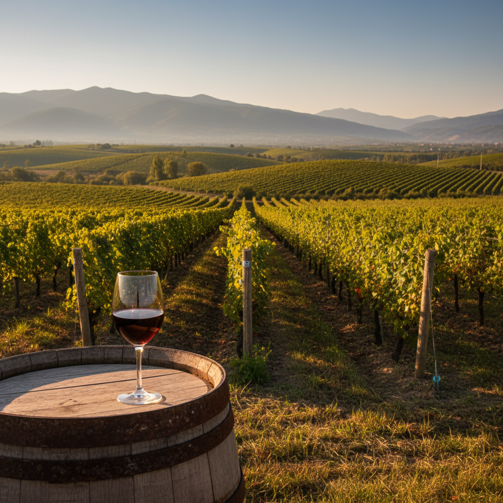Vinhedo idílico na Macedônia do Norte ao entardecer, com barris de vinho rústicos e uma taça de vinho tinto, destacando a beleza da região vinícola.