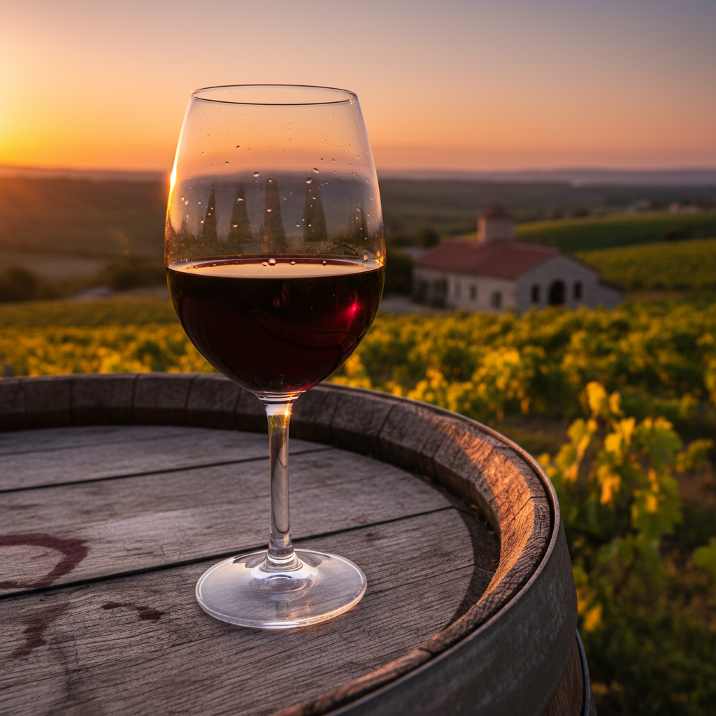 Vinhedo exuberante na região dos Balcãs ao pôr do sol, com uma taça de vinho tinto sobre um barril de carvalho em primeiro plano, simbolizando a riqueza dos vinhos balcânicos.