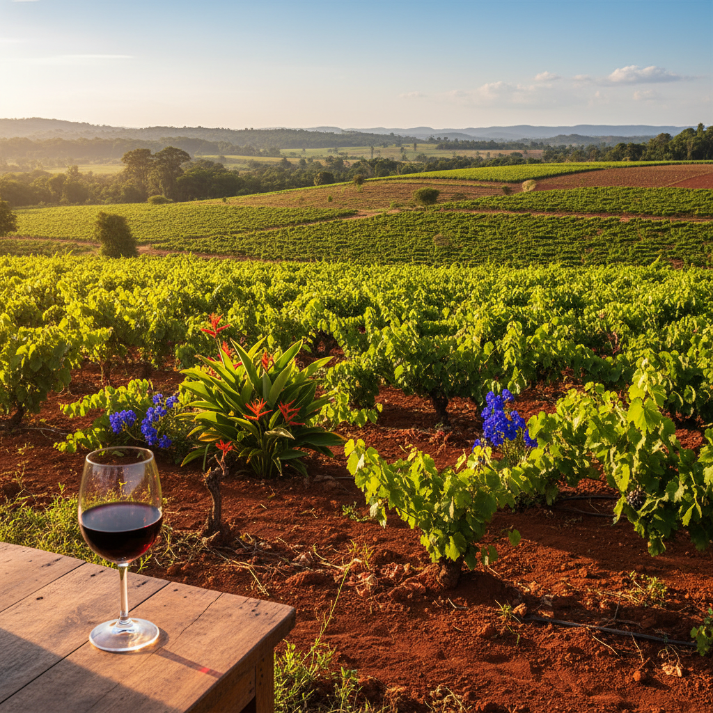 Vinhedo exuberante em Madagascar com solo avermelhado e vegetação tropical, um copo de vinho tinto em primeiro plano sob o sol.