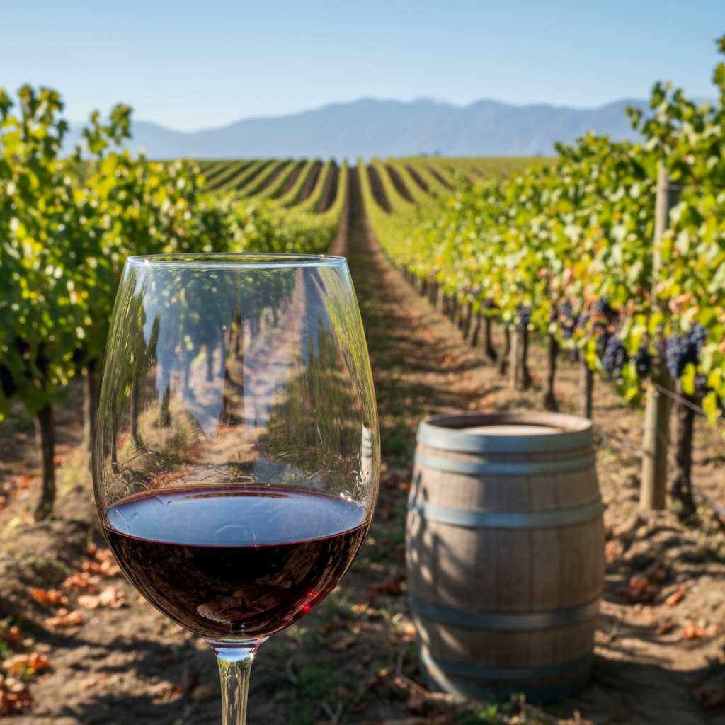 Taça de vinho Malbec em um vinhedo ensolarado na região de Mendoza, Argentina, com barris de carvalho ao fundo.