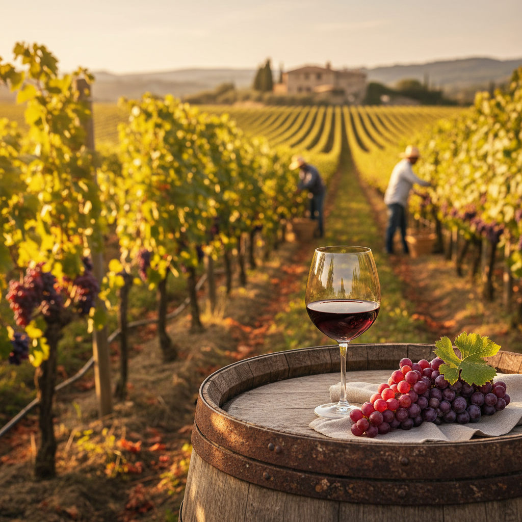 Taça de vinho tinto e um cacho de uvas tintas frescas sobre uma mesa rústica em um vinhedo ensolarado, simbolizando a colheita e a degustação.