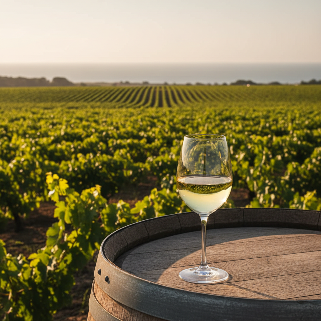 Vinhedos modernos da região de Garzón, Uruguai, iluminados pelo sol poente, com uma taça de vinho sobre um barril de carvalho em primeiro plano, destacando a beleza da paisagem vinícola atlântica.